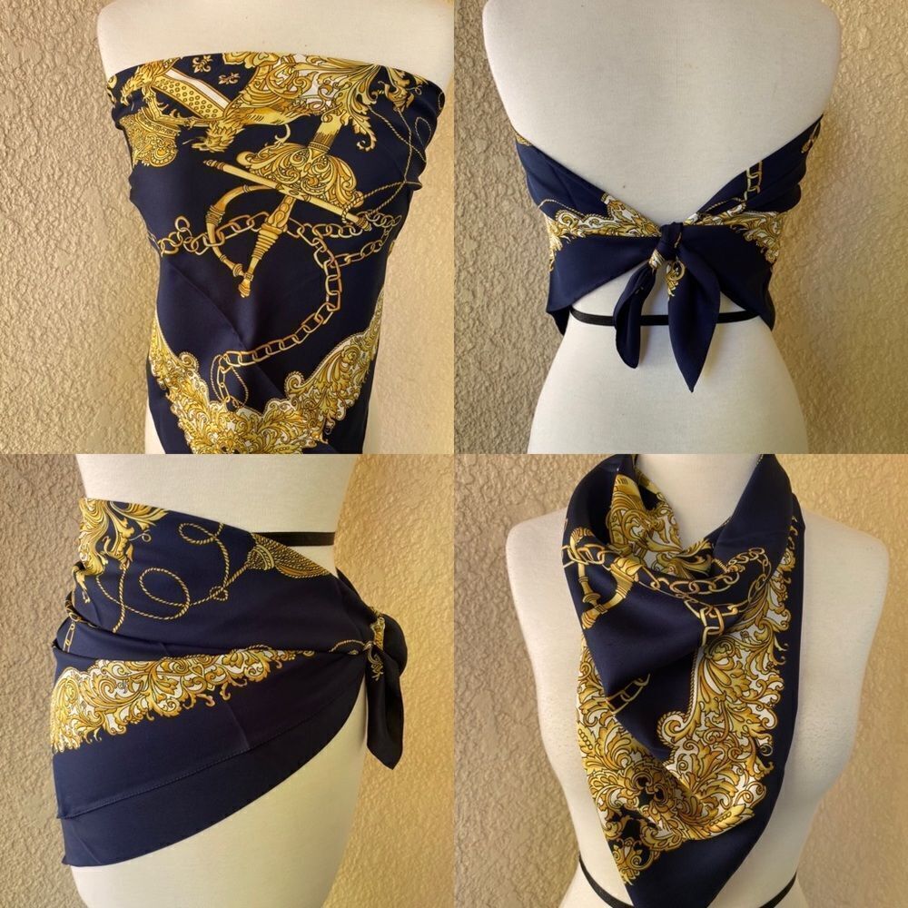 LAHMY By Patricia Paris Navy Blue and Gold‎ Square Scarf 30.5 in x 30.5 in
